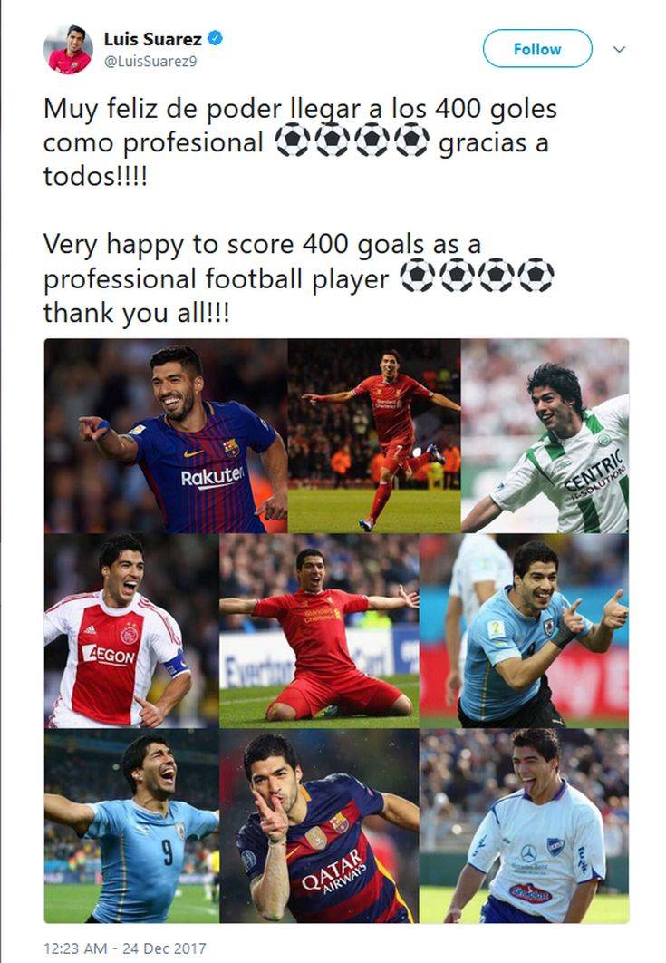 Χαρούμενος για τα 400 γκολ ο Σουάρες