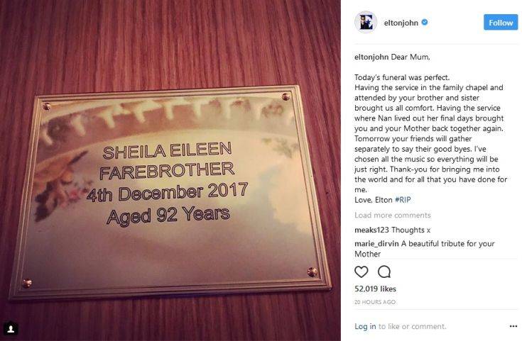 Έλτον Τζον: Αγαπητή μαμά, η σημερινή κηδεία ήταν τέλεια