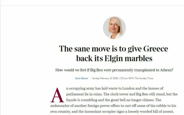 Η Βρετανική εφημερίδα Sunday Times καλεί τον Μπόρις Τζόνσον να επιστρέψει τα γλυπτά του Παρθενώνα 4 sarah baxter sunday times 735x459 1